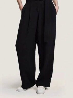 GENTLE HERD Linen Blend High Rise Straight Leg Black Pleated Trouser Pants S